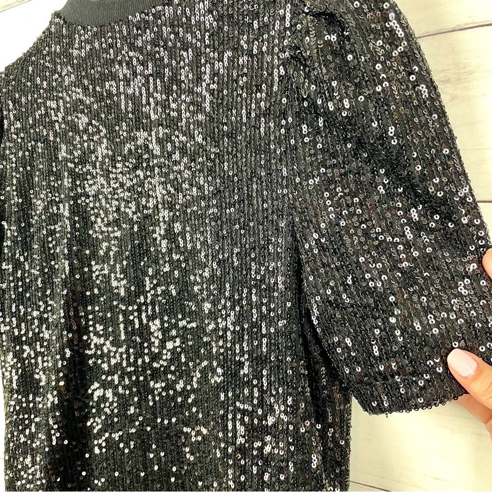 nicole by Nicole Miller Black Sequin Puff Sleeve Top - Picture 6 of 7